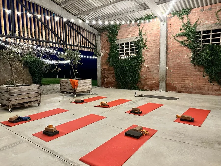 Evening yoga under the barn lights